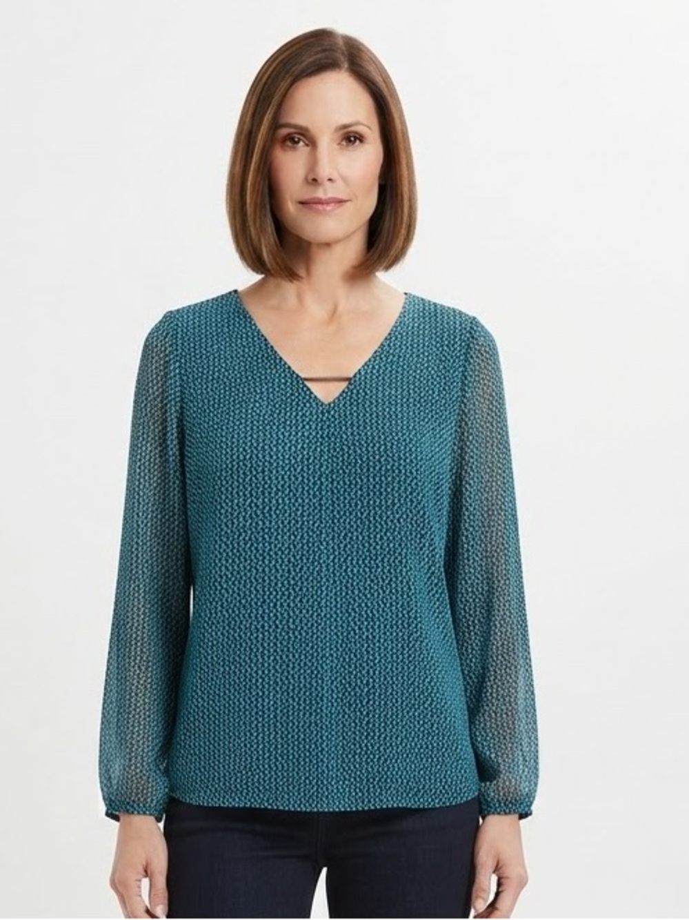 Dana Buchman Teal Blue & Black Geometric Sheer V-Neck Blouse Size XL